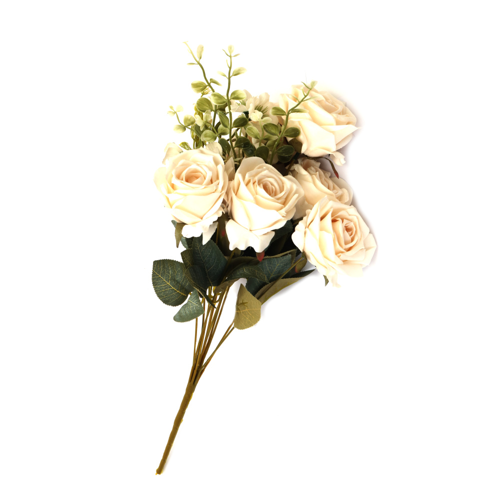 Bouquet of Roses and Flowers Made of Fabric and Plastic, 500 mm, Cream Color - 11 Stems