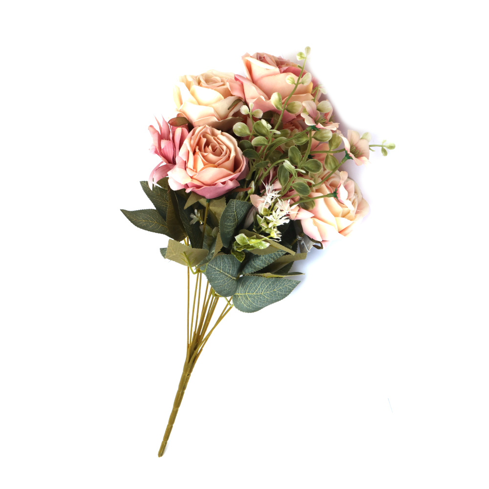 Bouquet of Roses and Flowers Made of Fabric and Plastic, 500 mm, Cream, Peach, and Purple Melange - 11 Stems