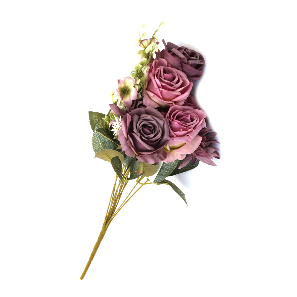 Bouquet of Roses and Flowers Made of Fabric and Plastic, 500 mm, Cream and Purple Melange - 11 Stems