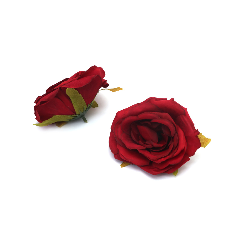 Fiore di rosa in tessuto con stelo per montaggio e decorazioni fai-da-te, 55x90 mm, rosso scuro – 2 pezzi