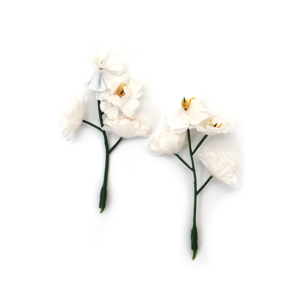 Creangă cu flori 75x40 mm, culoare albă - 10 bucăți