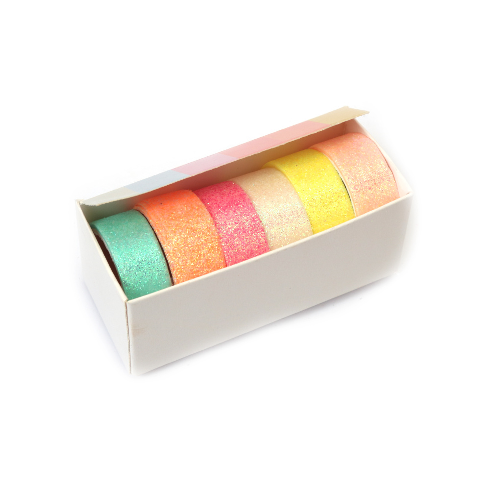 Bandă decorativă de hârtie Washi cu brocart 15 mm culoare neon - 6 role x 1 metru