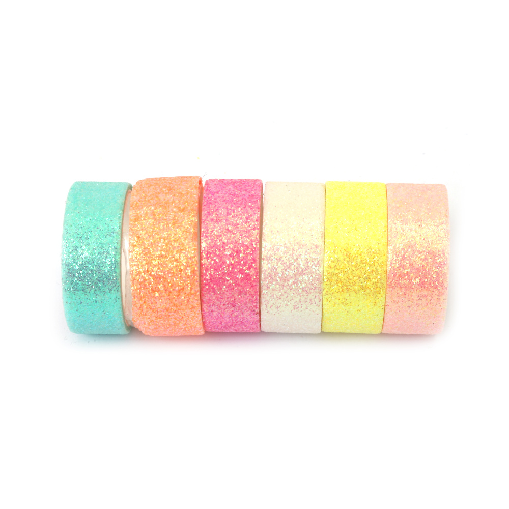 Bandă decorativă de hârtie Washi cu brocart 15 mm culoare neon - 6 role x 1 metru