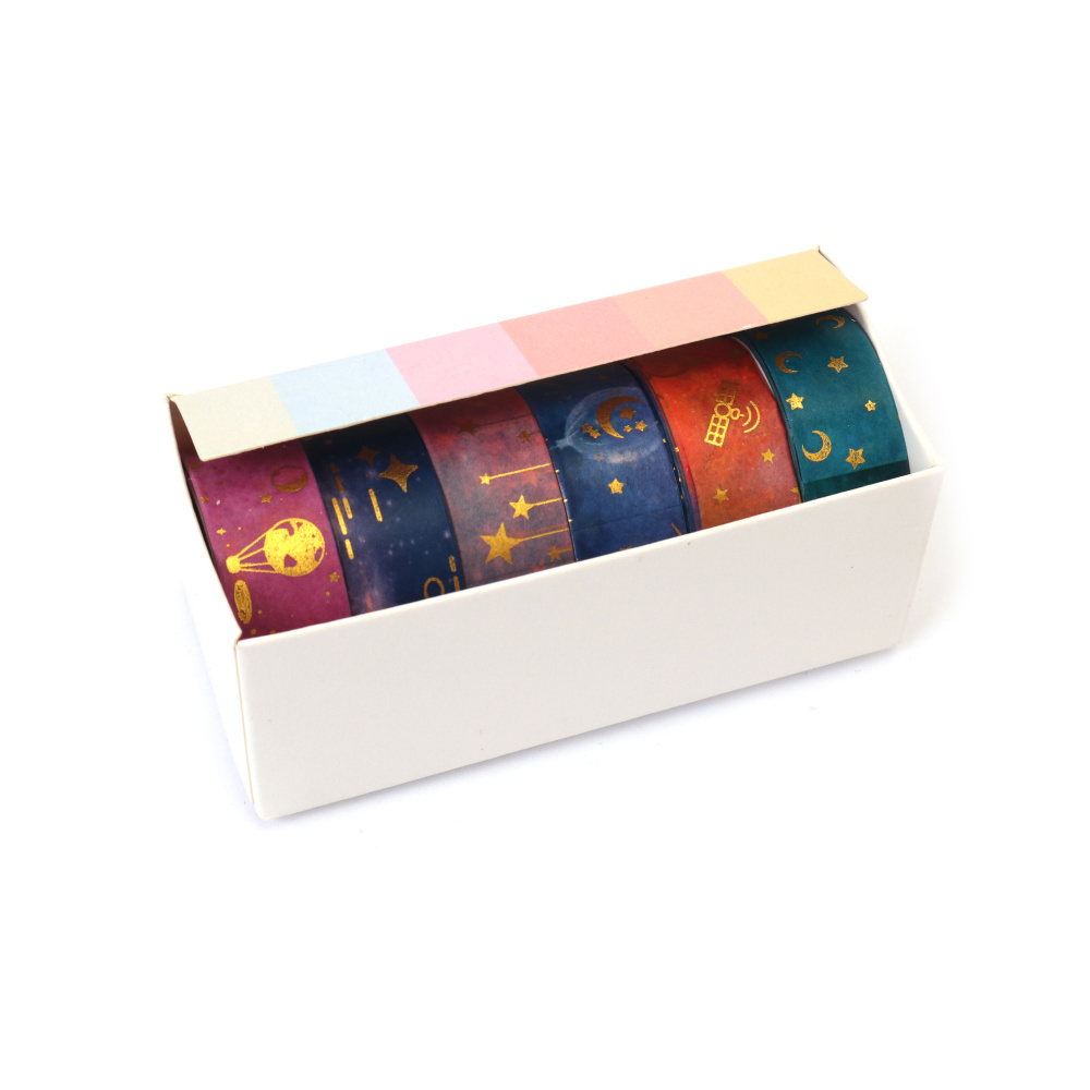 Bandă de hârtie washi pentru decor, diverse tipuri cu motive de stea aurie, 15 mm - 6 role x 2 metri
