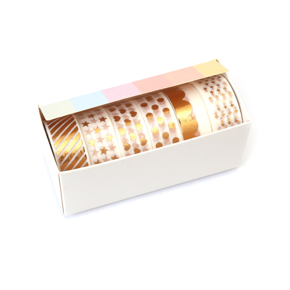 Bandă de hârtie washi pentru decor, diverse tipuri, albă cu motive aurii, 15 mm - 6 role x 2 metri