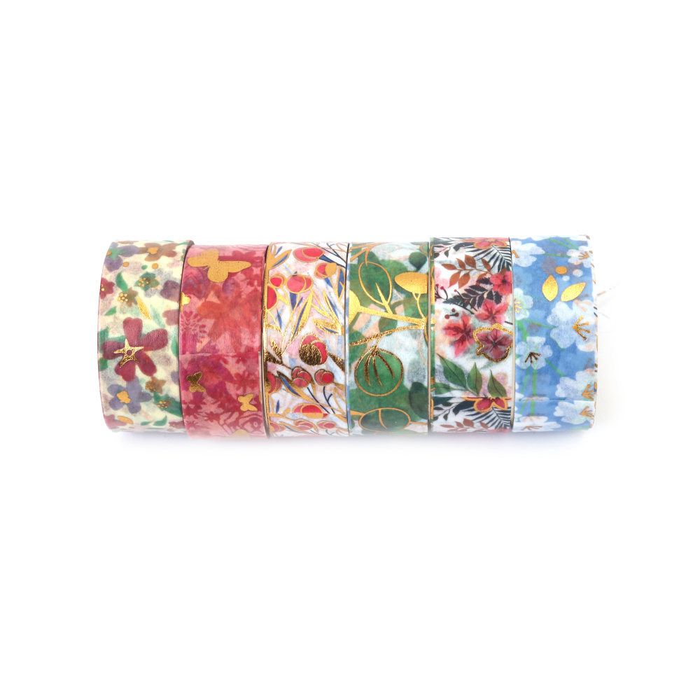Bandă decorativă Washi diverse tipuri „Grădină de flori” 15 mm - 6 role x 2 metri