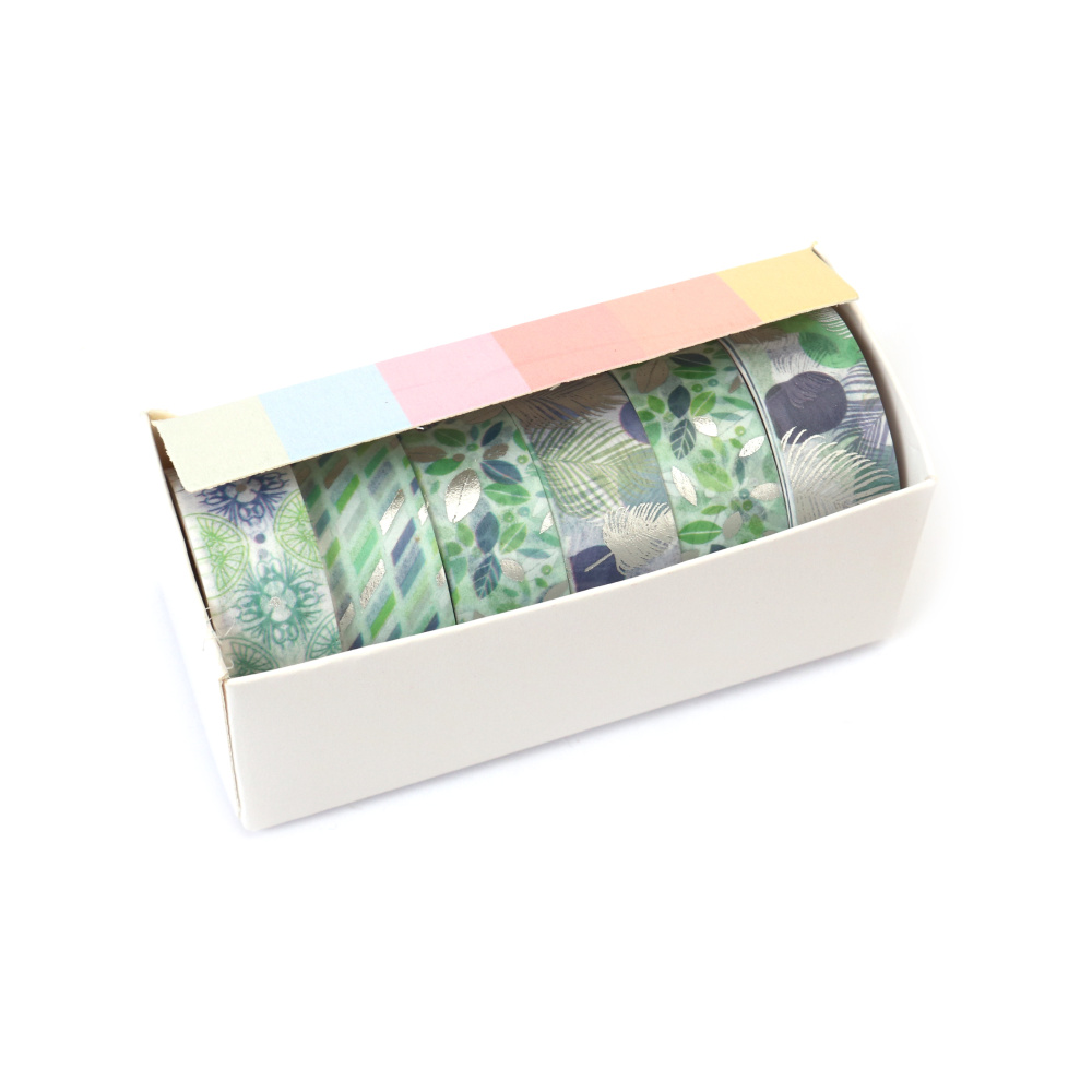 Bandă de hârtie washi pentru decorare diverse tipuri „Green Inspiration” 15 mm - 6 role x 2 metri
