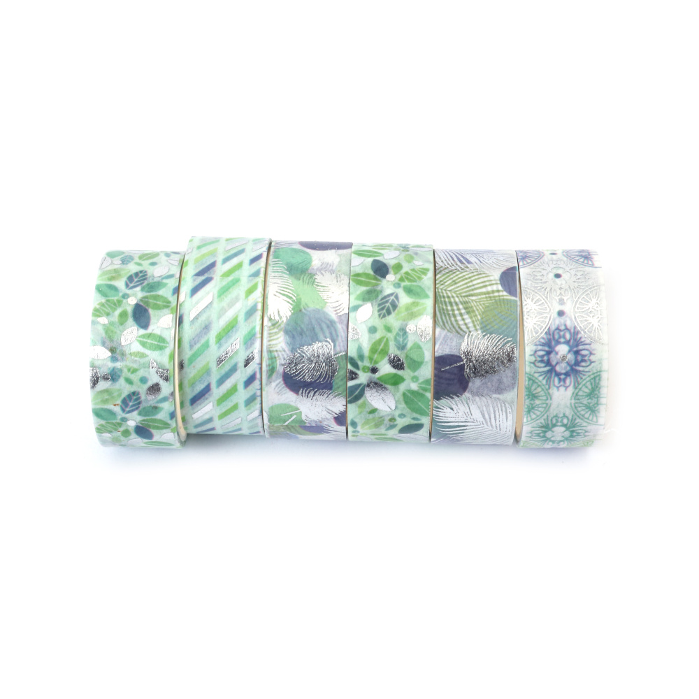 Bandă de hârtie washi pentru decorare diverse tipuri „Green Inspiration” 15 mm - 6 role x 2 metri