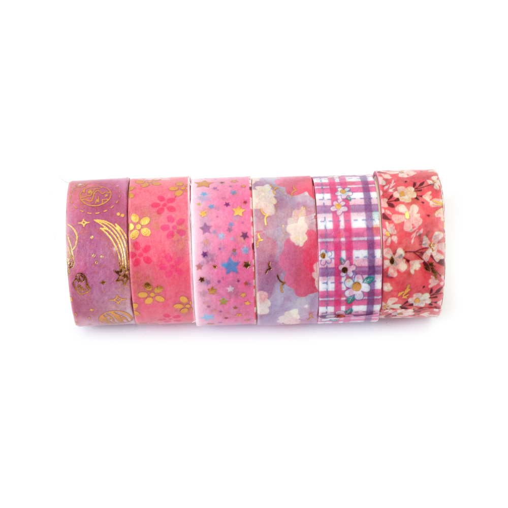 Bandă de hârtie washi pentru decorare, diverse tipuri, „Gentle Romance” 15 mm - 6 role x 2 metri