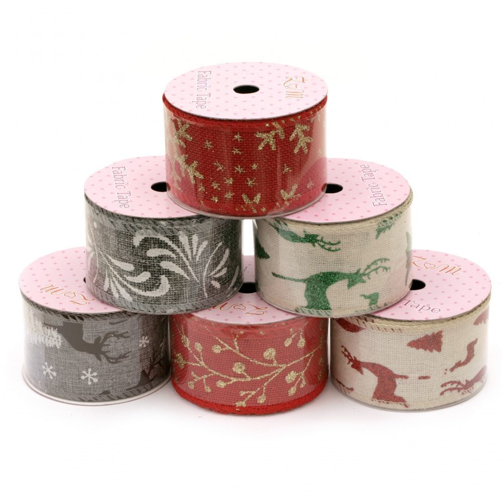 Textile ribbon 50 mm color print and brocade Christmas Different colors -1.8 meters