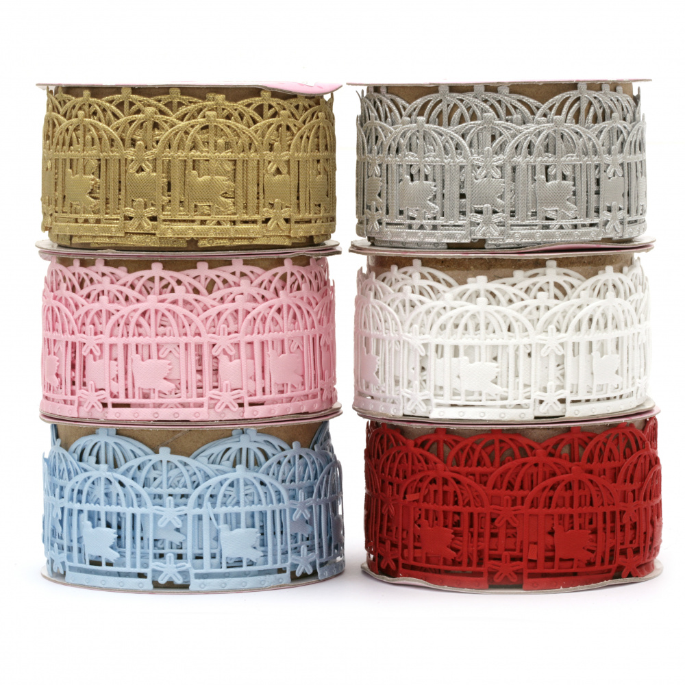 Ribbon satin bird in a cage 32 mm assorted colors -1.80 meters