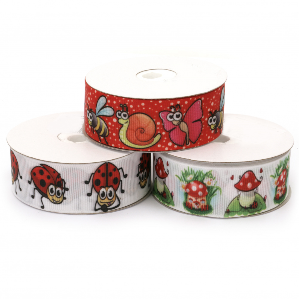 Ribbon satin corduroy insects and mushrooms 25 mm ASSORTE -1 meter