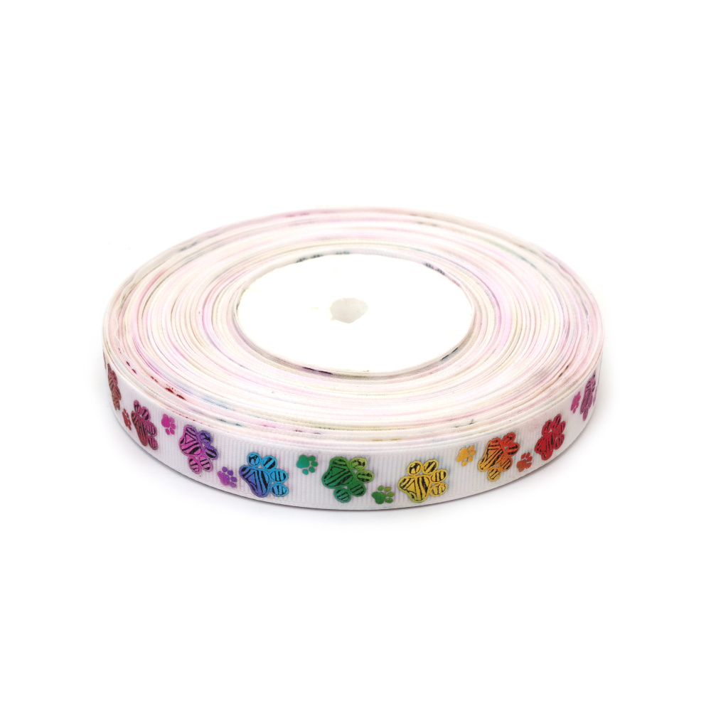 Cinta Grosgrain De Sat n 15 Mm Blanca Con Huellas De Patas Arco ris 