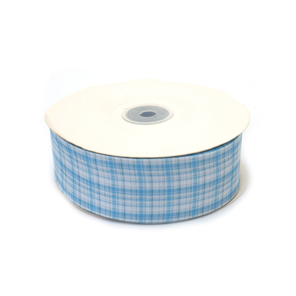 Cinta grosgrain satinada 40 mm, cuadros vichy blanco y azul celeste - 2 metros