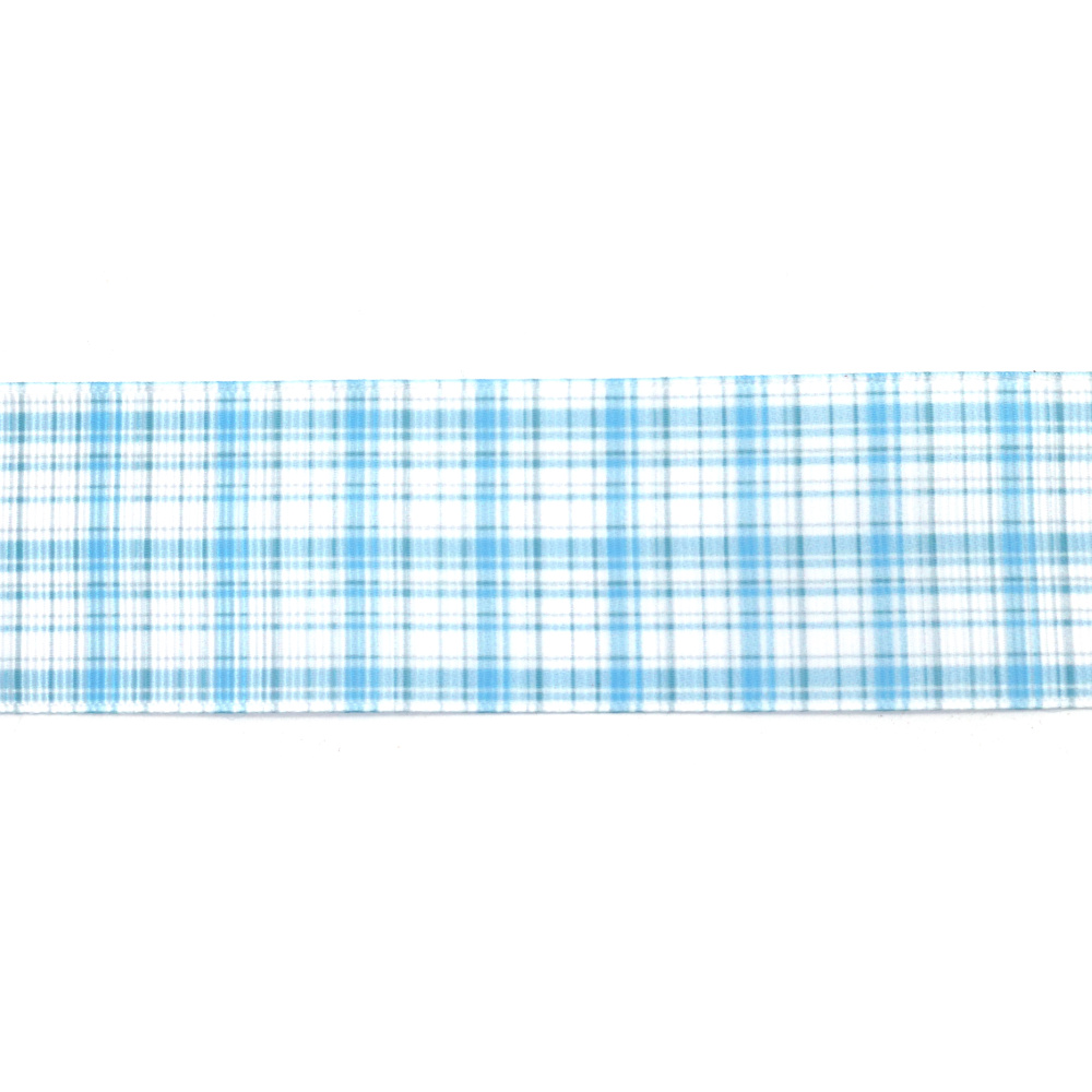 Cinta grosgrain satinada 40 mm, cuadros vichy blanco y azul celeste - 2 metros