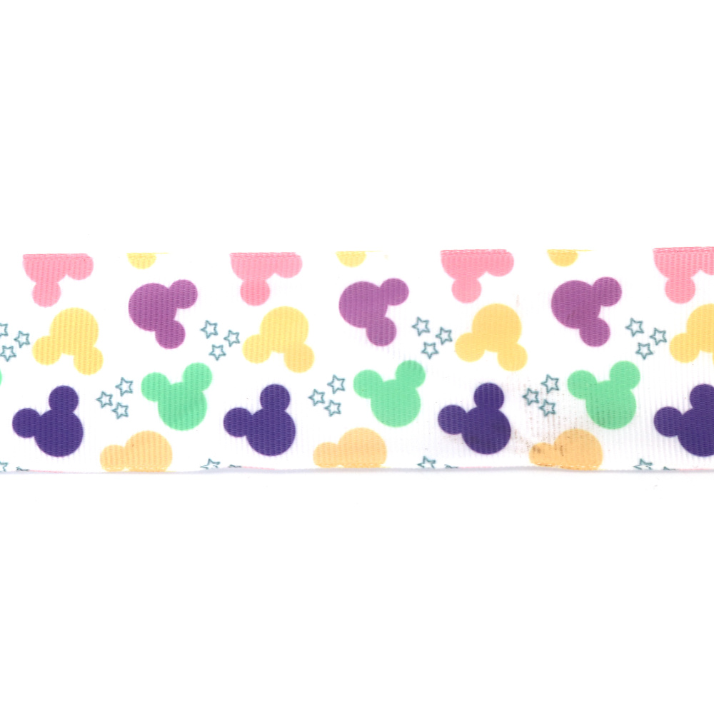 Cinta grosgrain satinada 40 mm blanca con ratones de colores - 2 metros