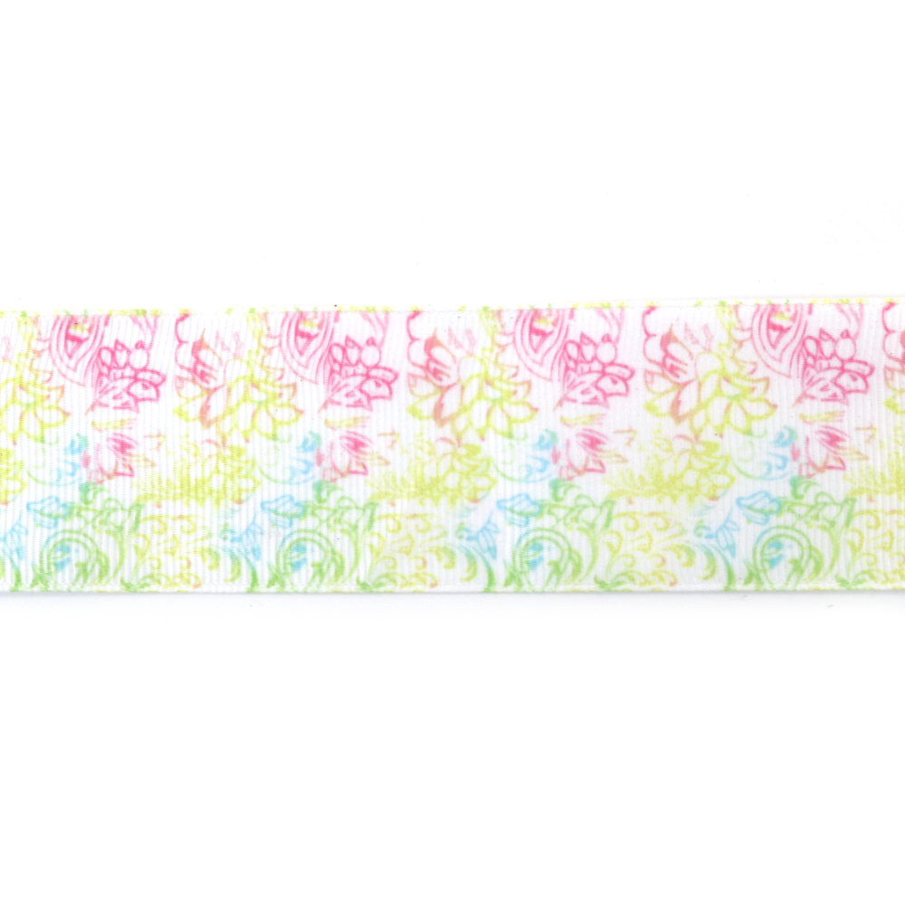 Cinta grosgrain satinada para manualidades, 40 mm, blanca con motivo floral en colores pastel - 2 m
