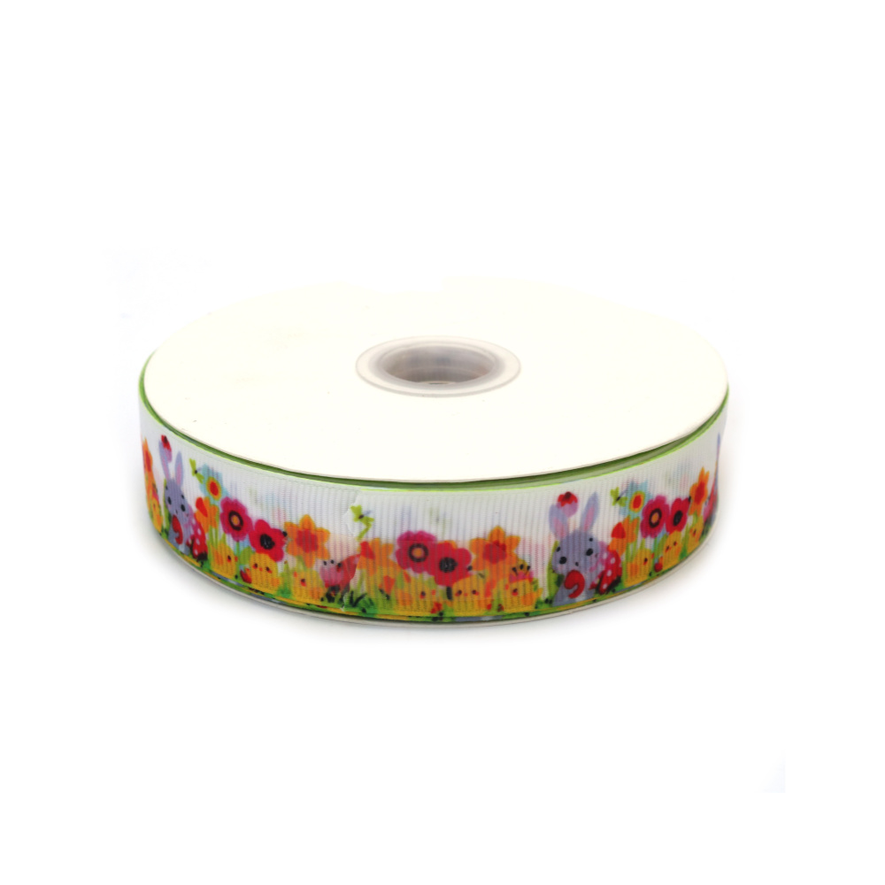Nastro grosgrain in raso 25 mm, fantasia Pasqua con coniglietti e pulcini - 3 metri