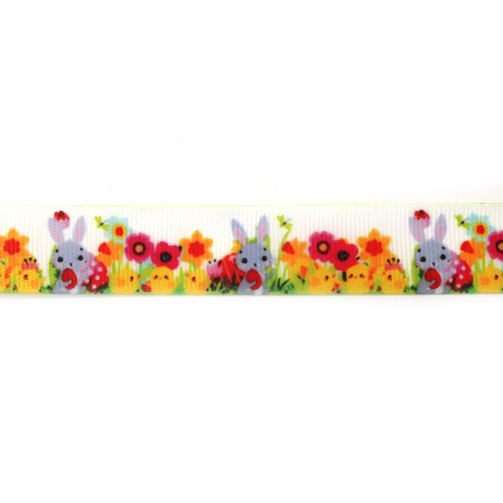 Nastro grosgrain in raso 25 mm, fantasia Pasqua con coniglietti e pulcini - 3 metri