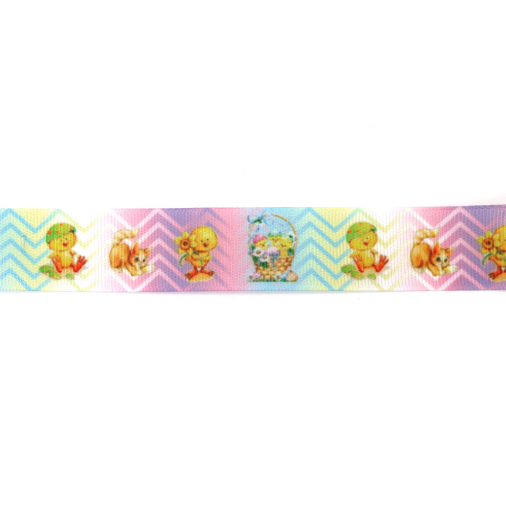Nastro grosgrain satinato 25 mm, motivo pasquale con anatra e gattino - 3 metri