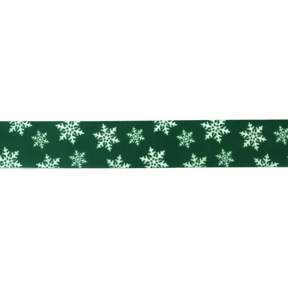 Weihnachts-Satin-Ripsband 25 mm, Dunkelgrün mit Schneeflocken – 3 m