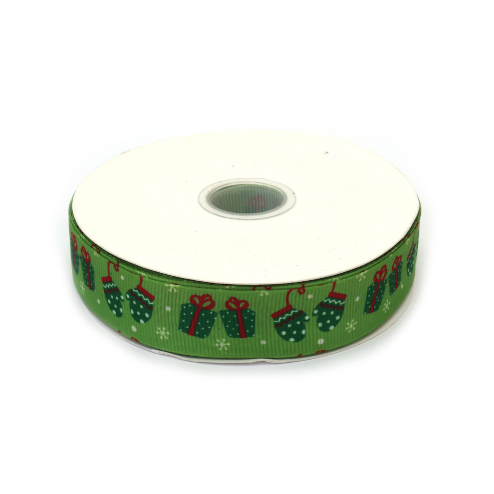 Satin-Ripsband (Grosgrain) 25 mm, Grün mit Weihnachtsgeschenke-Motiv – 3 m