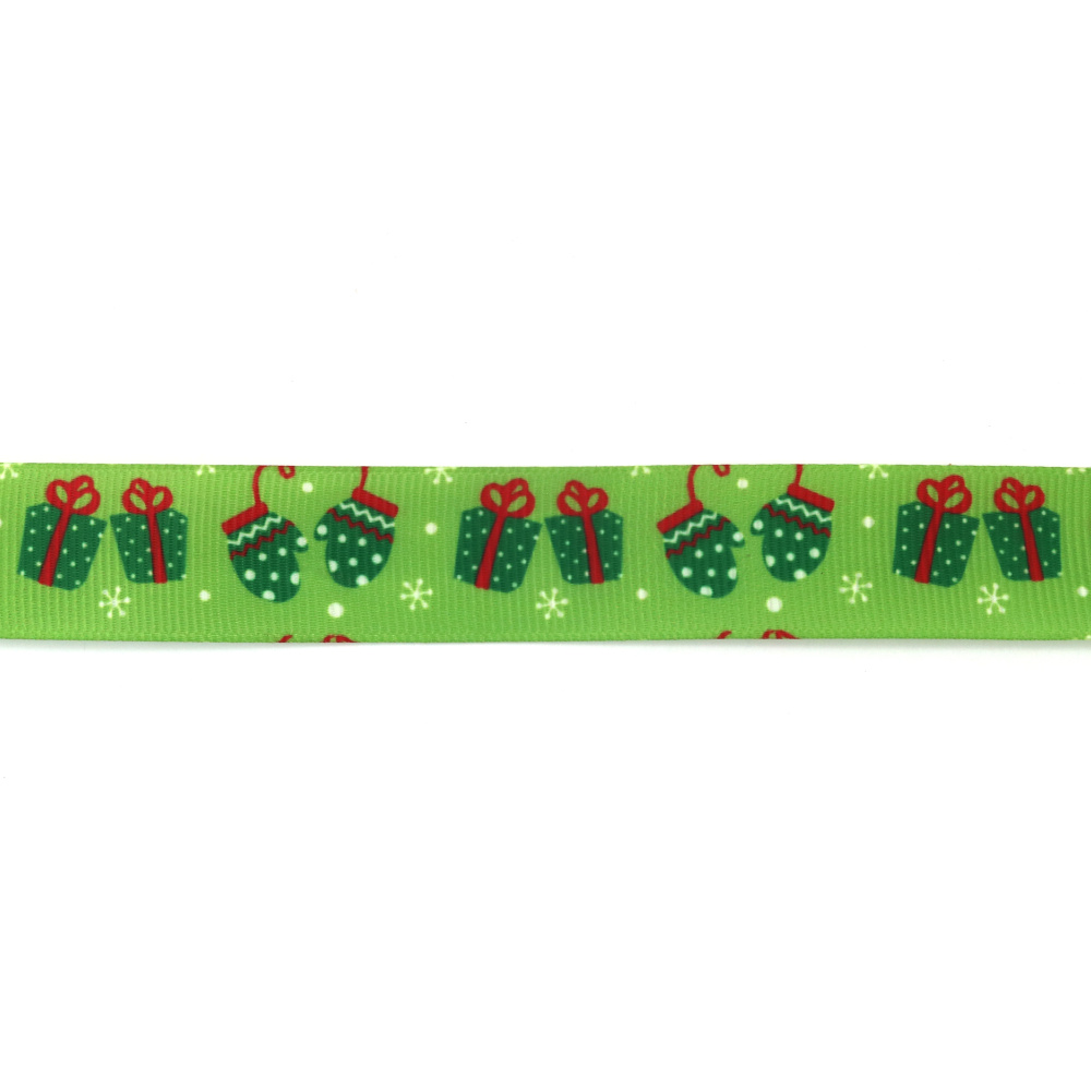 Satin-Ripsband (Grosgrain) 25 mm, Grün mit Weihnachtsgeschenke-Motiv – 3 m