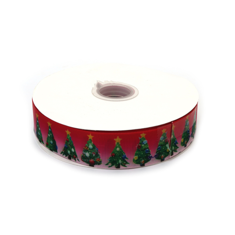 Grosgrain-Ripsband 25 mm, pink mit Weihnachtsbaum-Motiv - 3 m Geschenkband