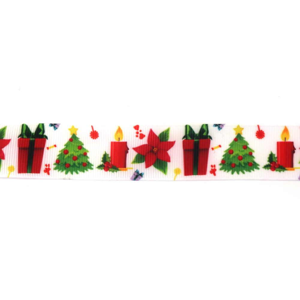 Grosgrain-Satinband 25 mm, Weihnachtsmotive: Baum, Geschenk, Kerze & Blume – 3 m, sortiert