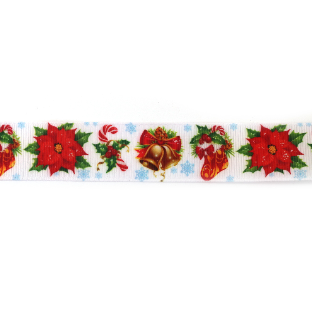 Satin-Ripsband (Dekoband) 25 mm, Weihnachtsmotive – Glocken, Zuckerstangen, Stiefel & Blumen, 3 m
