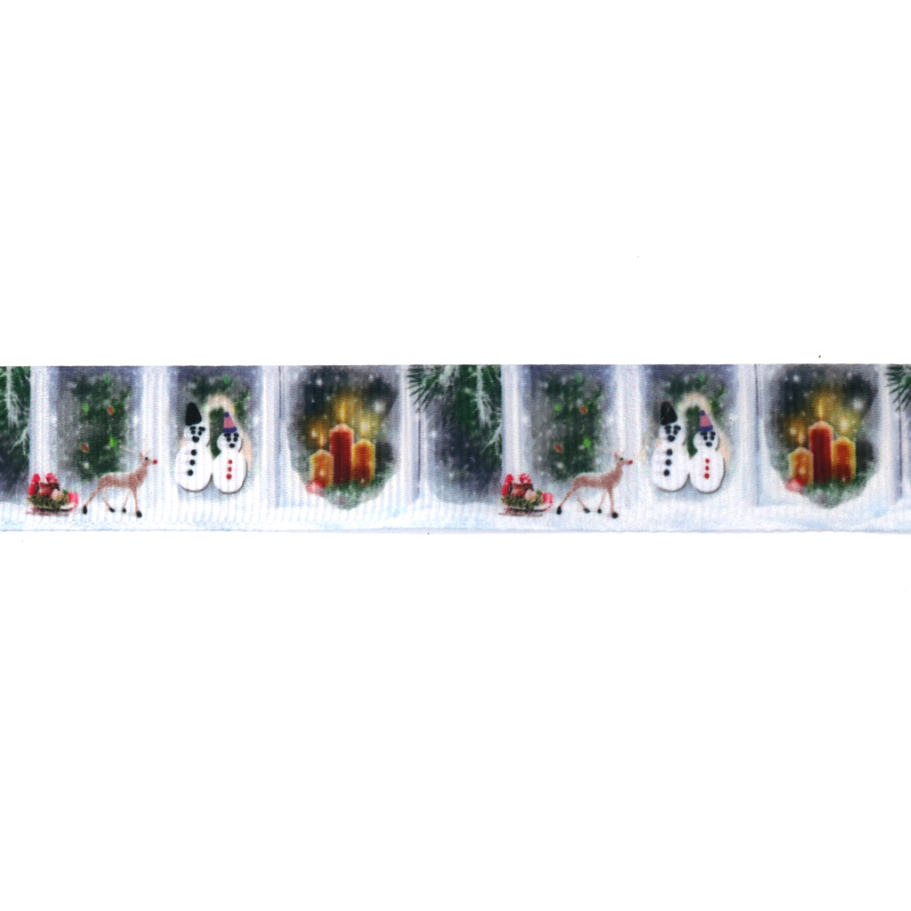 Ripsband (Grosgrain) 25 mm, Weihnachtsmotive: Kerze, Weihnachtsbaum, Schneemann (Motive gemischt) – 3 m