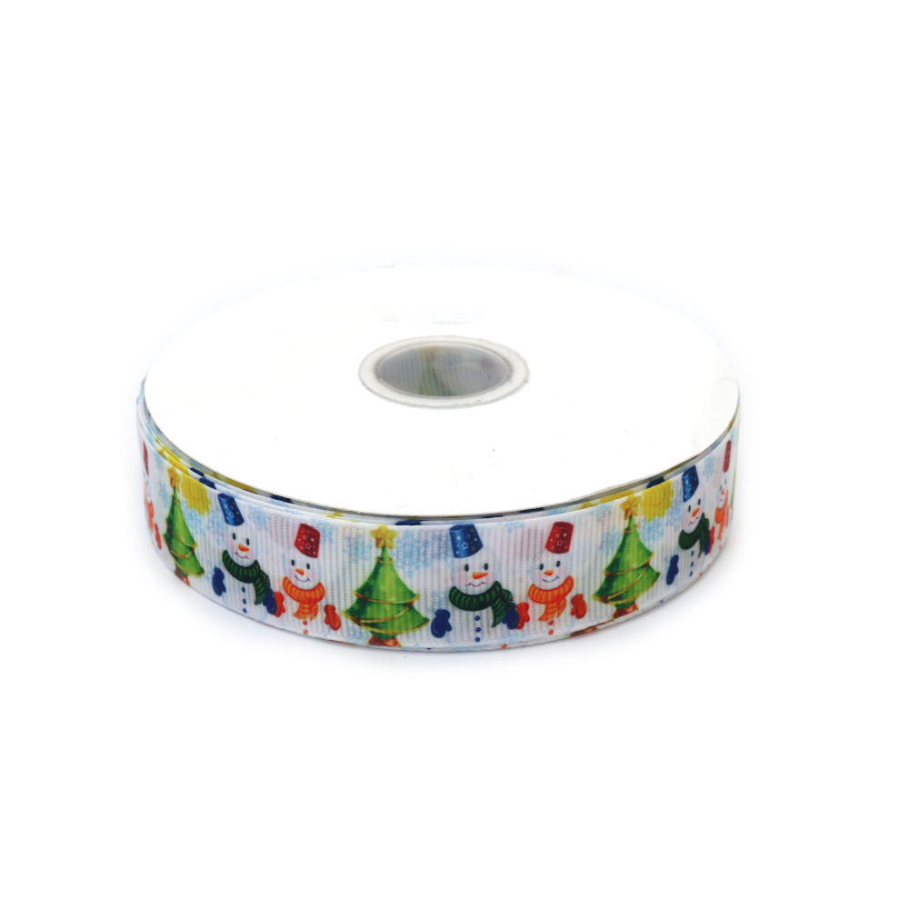 Nastro grosgrain satinato 25 mm, motivo natalizio: pupazzo di neve con sciarpa e guanti - 3 metri