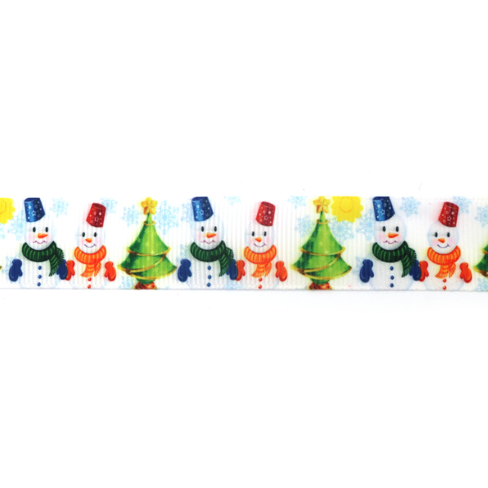 Nastro grosgrain satinato 25 mm, motivo natalizio: pupazzo di neve con sciarpa e guanti - 3 metri
