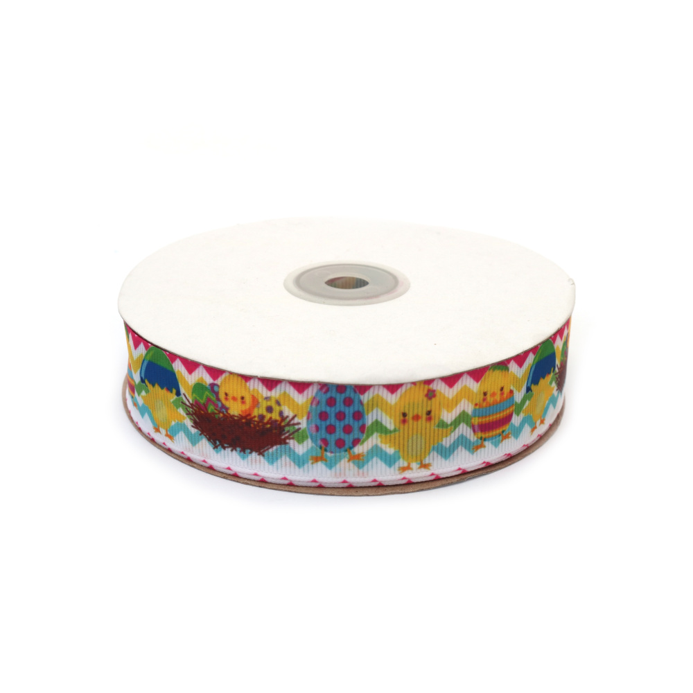 Nastro grosgrain satinato 25 mm, fantasia con uova e pulcini di Pasqua - 3 metri