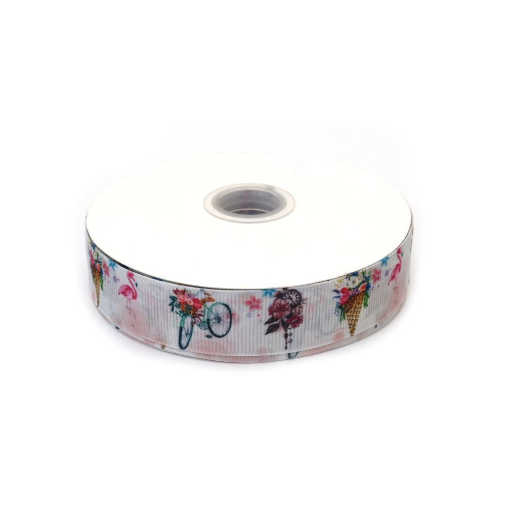 Nastro grosgrain raso 25 mm, bianco con stampa bicicletta, orologio e fenicottero - 3 metri