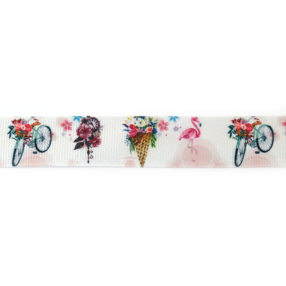 Nastro grosgrain raso 25 mm, bianco con stampa bicicletta, orologio e fenicottero - 3 metri