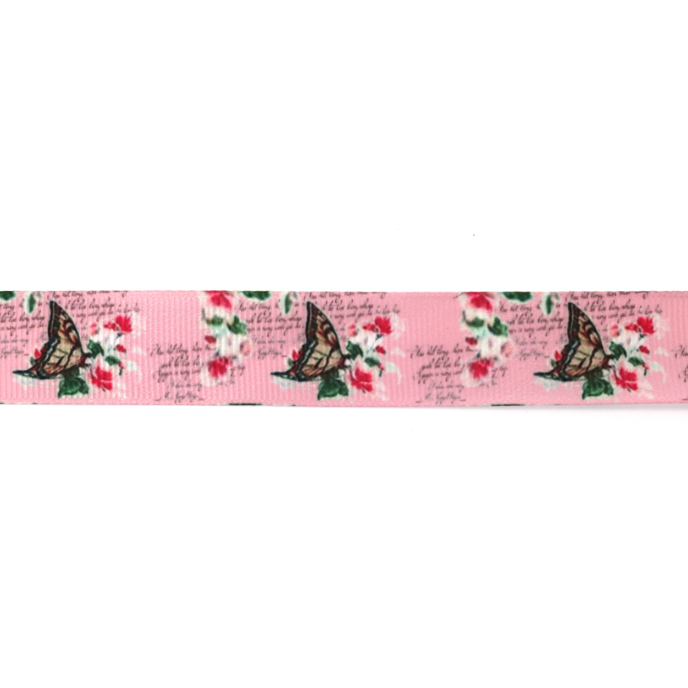 Nastro Grosgrain Satinato 25 mm, Rosa con Motivo Farfalle - 3 metri