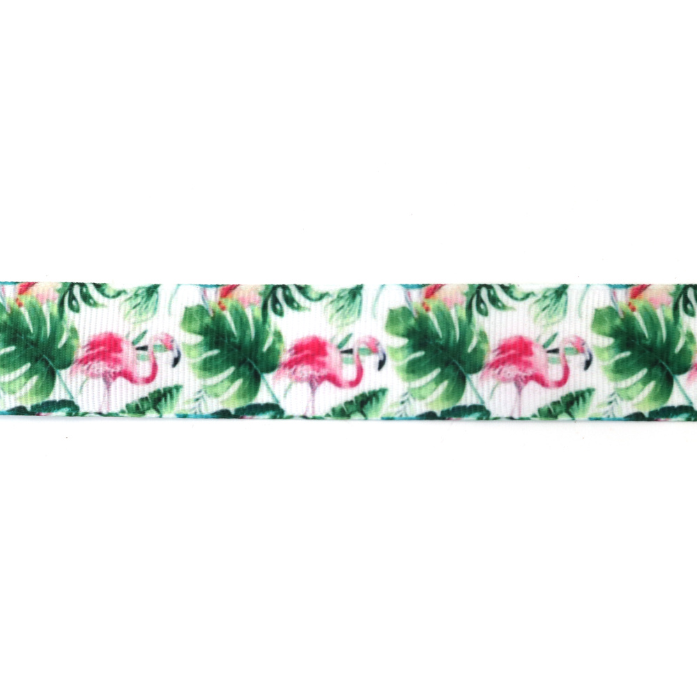 Grosgrain-Satinband (Ripsband) 25 mm, weiß mit pinkem Flamingo- und Blätter-Motiv – 3 m