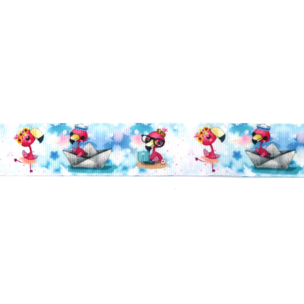 Nastro grosgrain satinato 25 mm azzurro chiaro con motivo fenicotteri per bambini - 3 metri, per hobbistica e fai da te