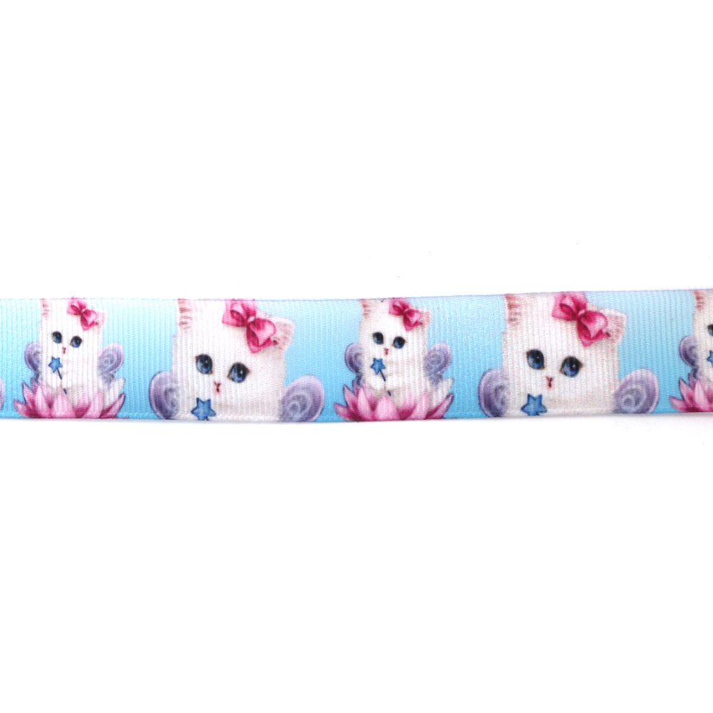 Nastro grosgrain satinato 25 mm, azzurro chiaro con stampa di gattini - 3 metri