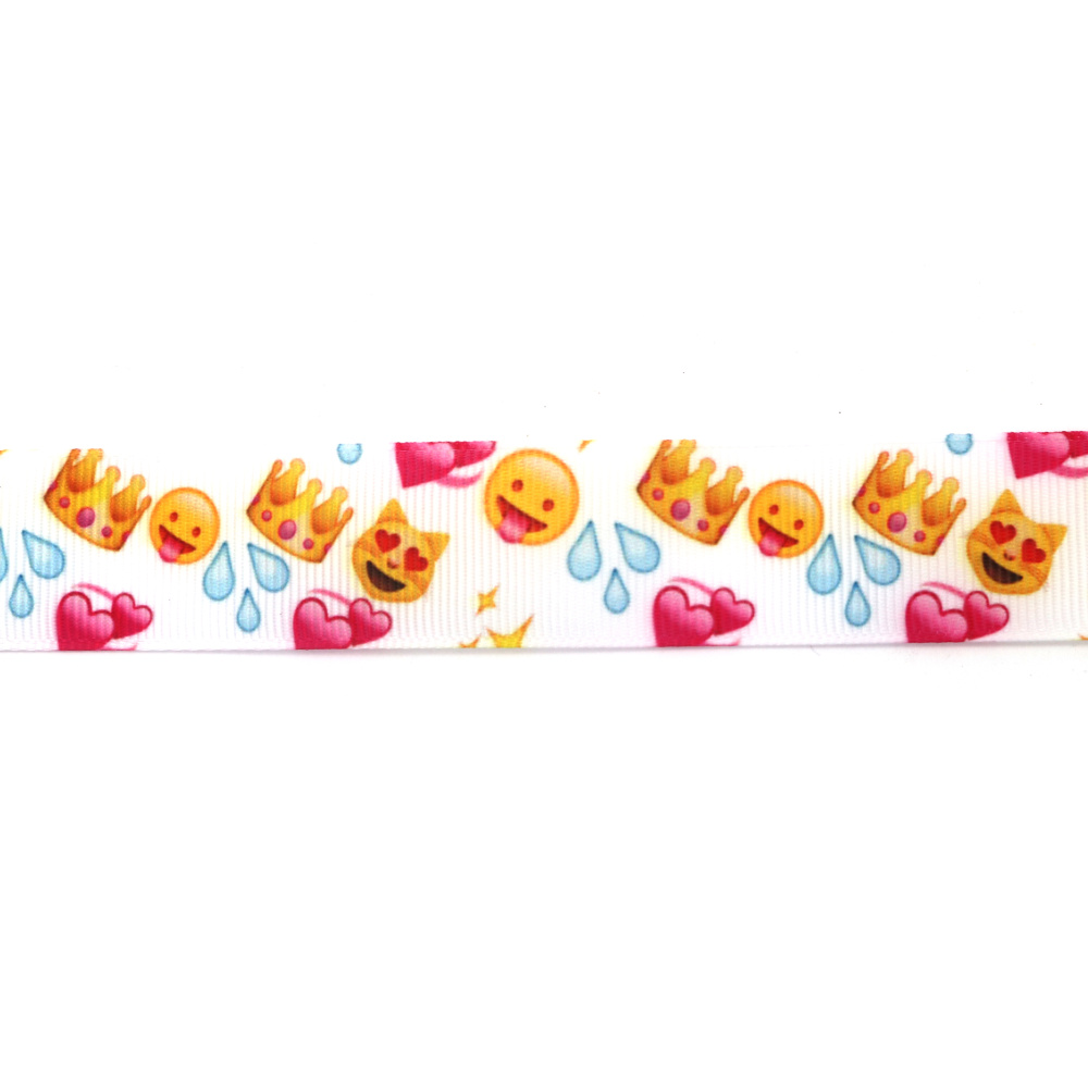 Grosgrain-Satinband 25 mm, Weiß mit Emoticon-Muster – 3 m