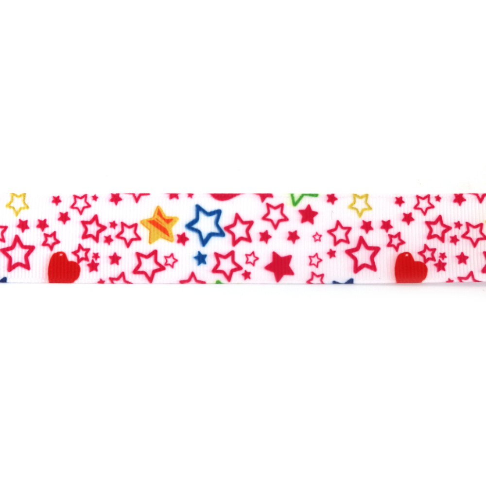 Grosgrain-Satinband 25 mm, weiß mit Herz- und Sternenmotiv - 3 m