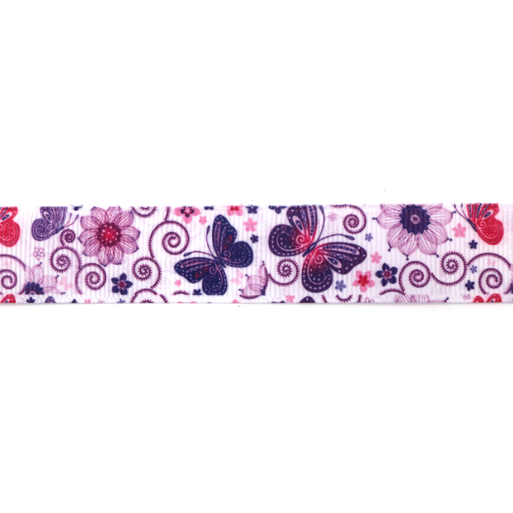 Nastro gros-grain satinato 25 mm, bianco con stampa di farfalle viola - 3 metri