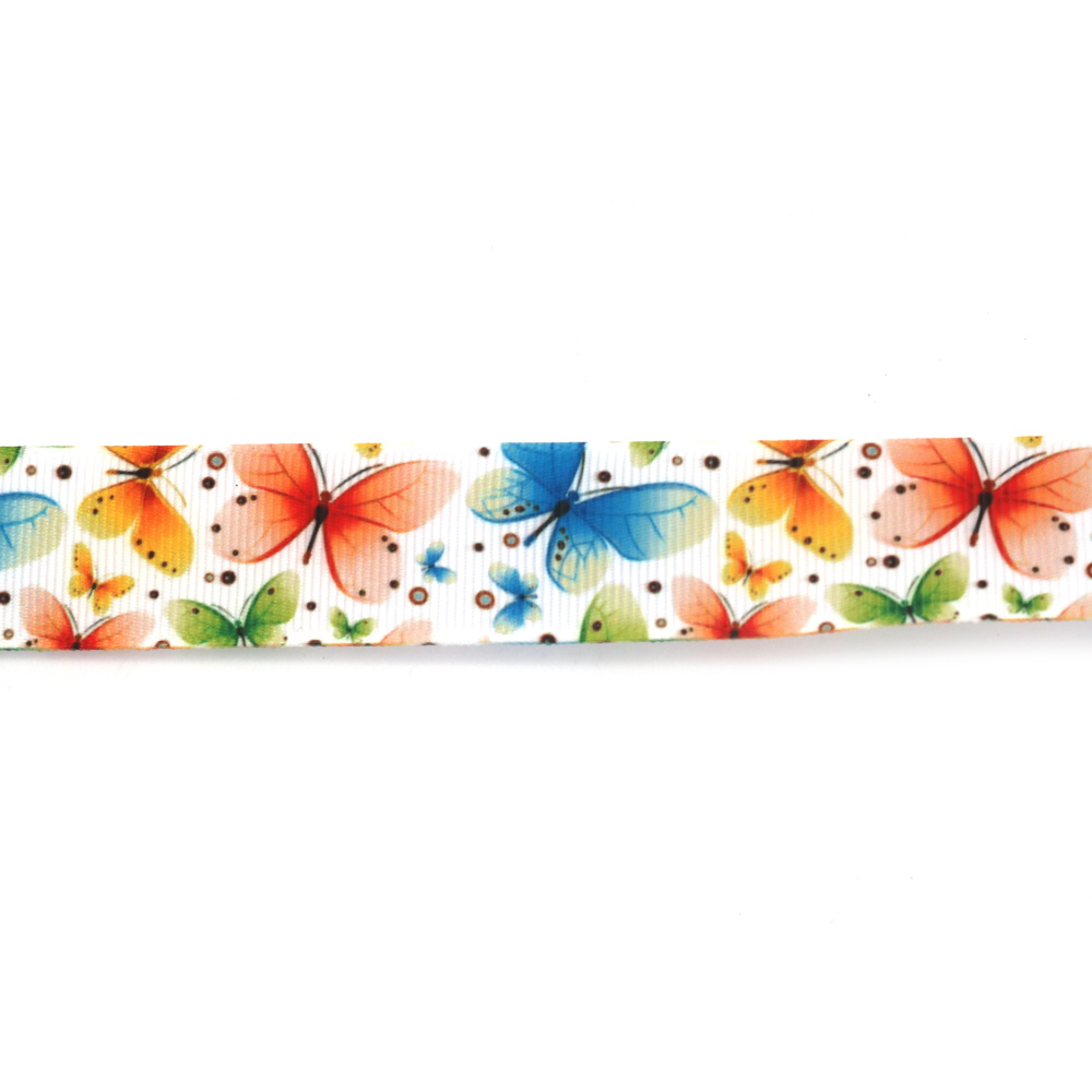 Nastro grosgrain satinato 25 mm, bianco con motivo farfalle arancioni e blu - 3 metri