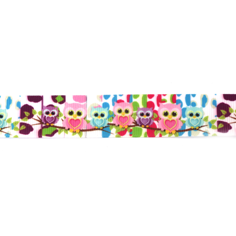 Ripsband (Grosgrain) Satin 25 mm, Weiß mit Eulen-auf-Ast-Motiv – 3 m
