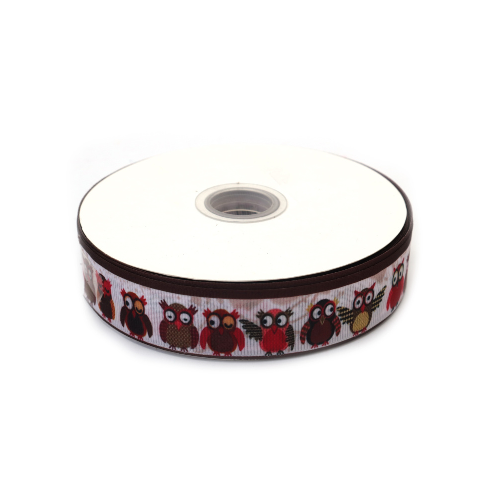 Nastro gros-grain satinato 25 mm, bianco con stampa di gufi marroni - 3 metri