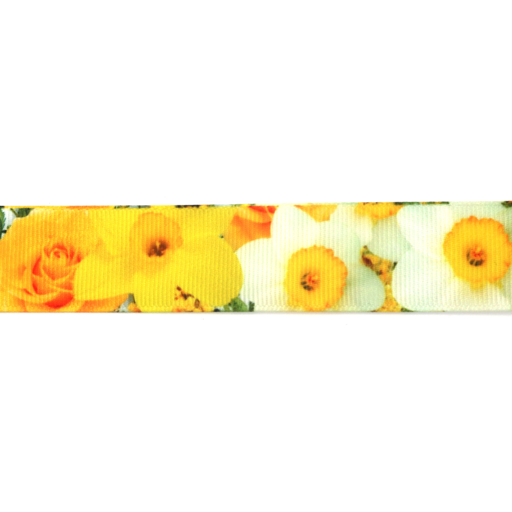 Grosgrain-Satinband 25 mm, gelbes Narzissen-Muster – 3 m