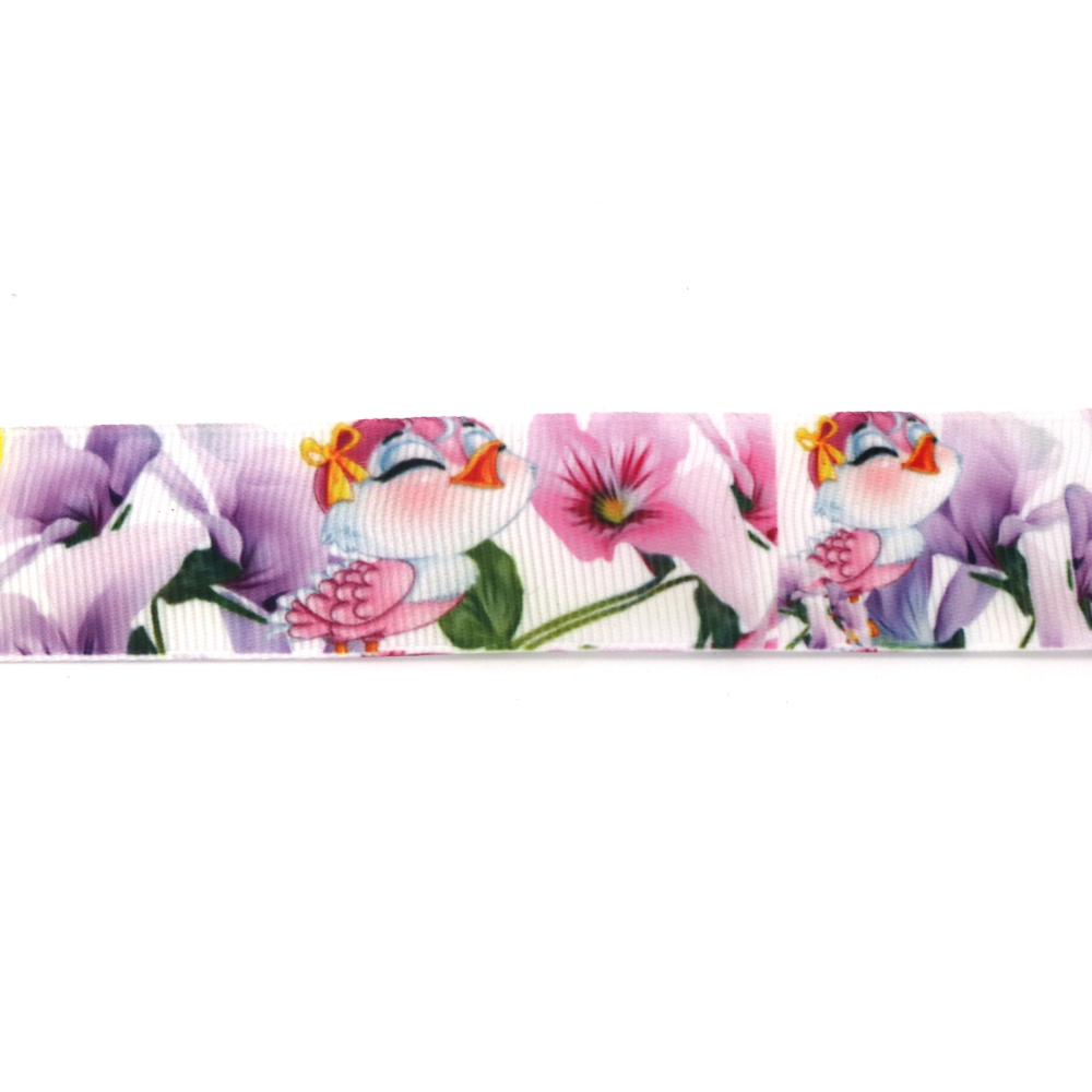 Satin-Ripsband (Grosgrain) 25 mm, weiß mit Küken und pink-lila Blumen – 3 Meter