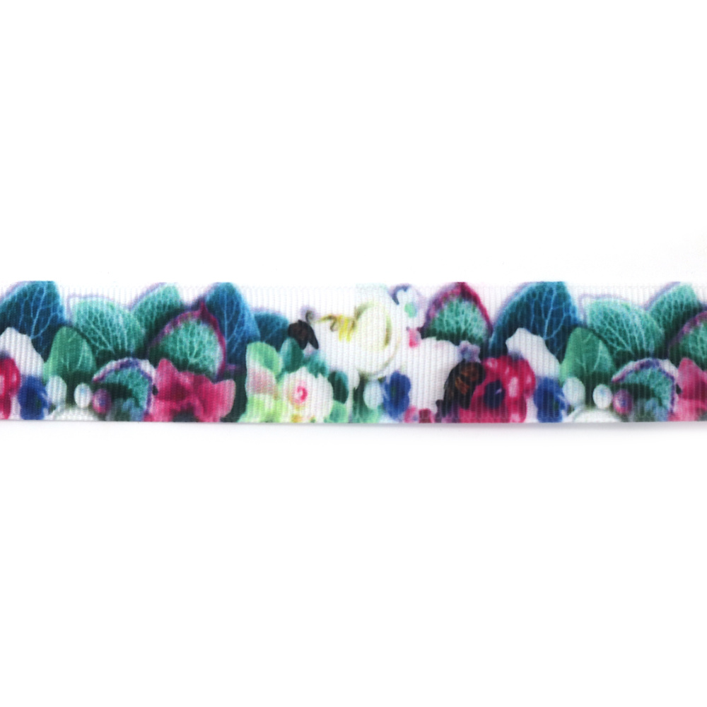 Nastro gros-grain satinato 25 mm, bianco con motivo a fiori di ciclamino - 3 metri