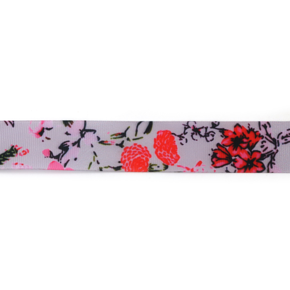 Nastro grosgrain satinato 25 mm, lilla pallido con peonie rosa e rosse - 3 metri